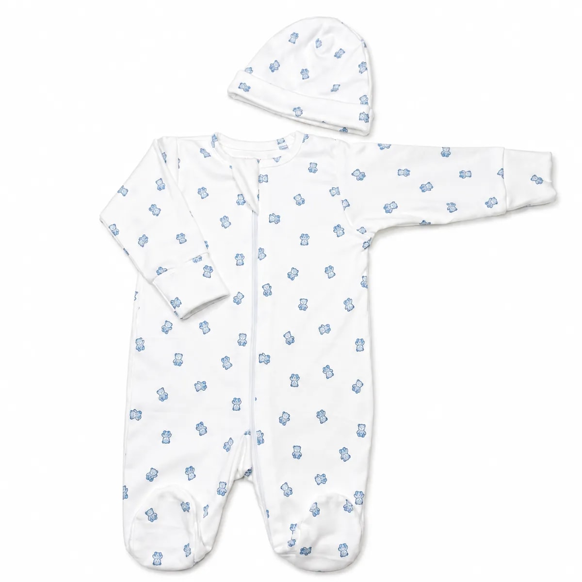 Sleep Suit With Cap - White Blue Teddy - 3-6 M image 1