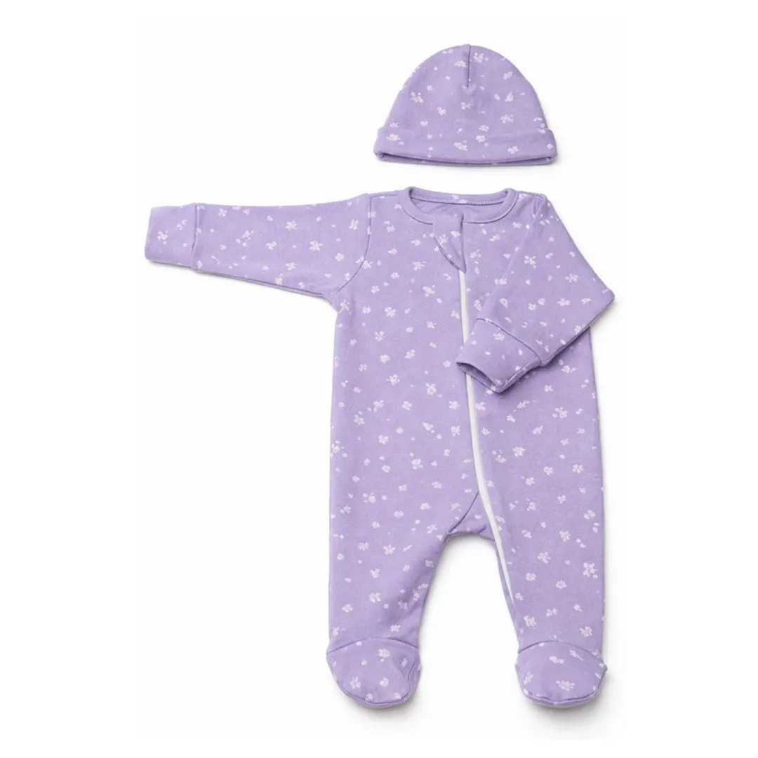 Sleep Suit With Cap – Purple Flower - New Born image 1