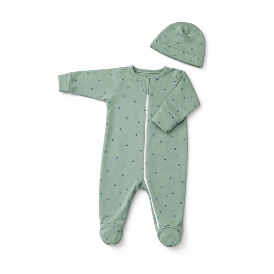 Sleep Suit With Cap – Green Blue Dot