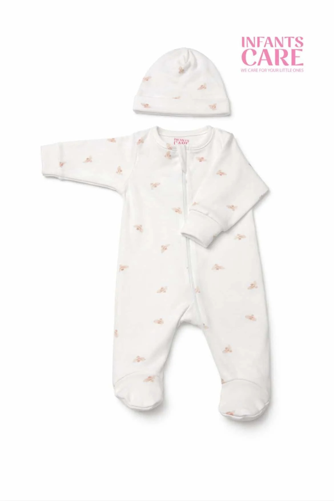 Sleep Suit With Cap - White Honey Bee - New Born image 1