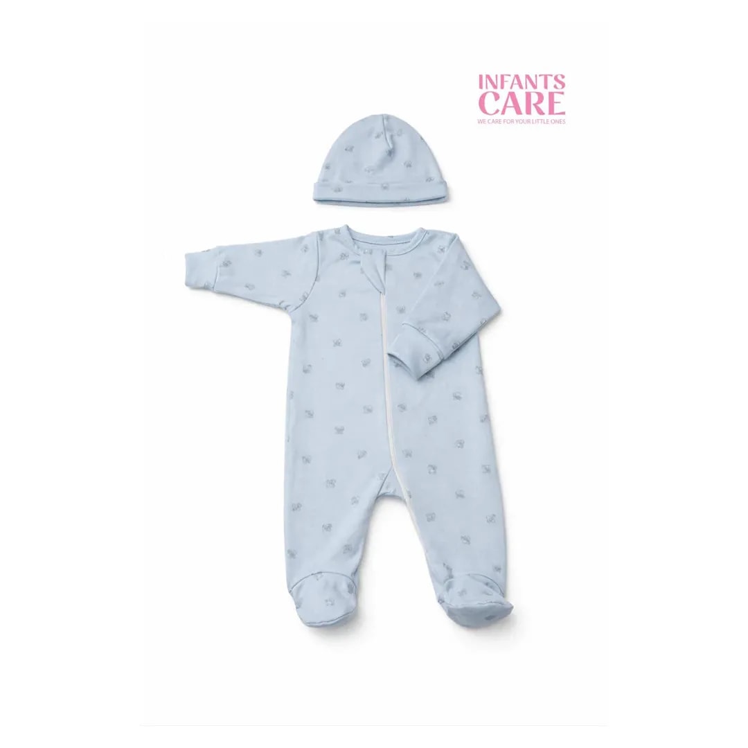 Sleep Suit With Cap – Blue Teddy - New Born image 1